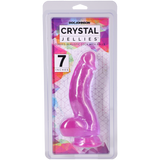 Crystal Jellies Curved Cock With Balls 7 Inch Purple in packaging by Doc Johnson, showcasing its realistic design.