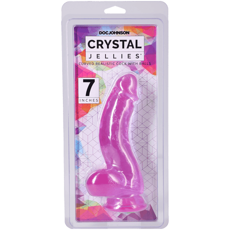 Crystal Jellies Curved Cock With Balls 7 Inch Purple in packaging by Doc Johnson, showcasing its realistic design.