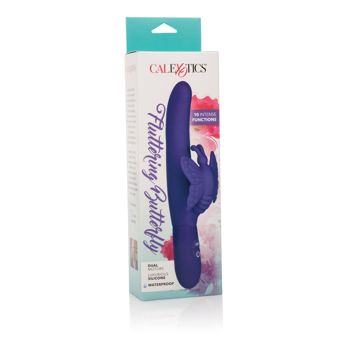 CalExotics Posh Fluttering Butterfly Vibrator Purple packaging showcasing its features and design.