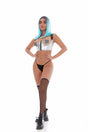 Model showcasing the Kandihouse Basshead 4pc Set Small Medium Silver with matching g-string, thigh highs, and pasties.