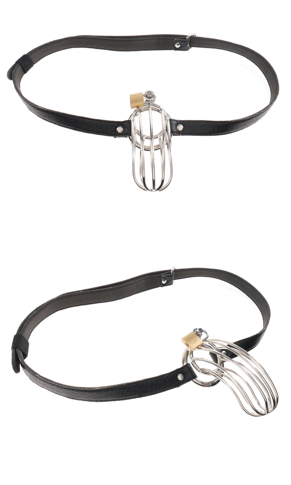 Fetish Fantasy Extreme The Prisoner Steel Cock Cage Silver attached to a black leather strap, showcasing its locking design.