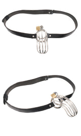 Fetish Fantasy Extreme The Prisoner Steel Cock Cage Silver attached to a black leather strap, showcasing its locking design.
