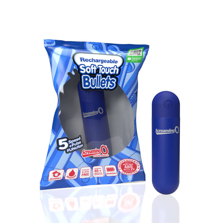 Screaming O Soft Touch Rechargeable Bullet Blue in packaging showcasing discreet design and features.