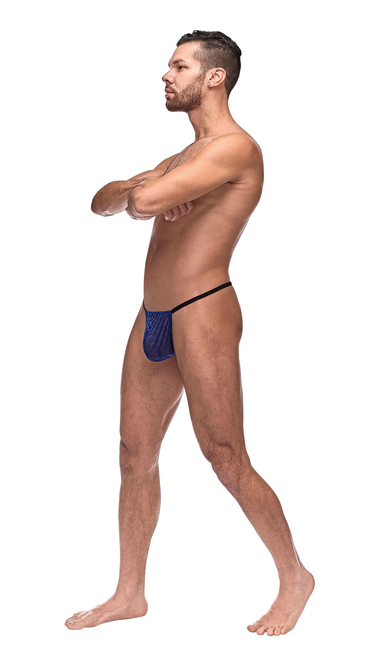 Diamond Mesh Posing Strap One Size Navy worn by a male model showcasing the revealing design.