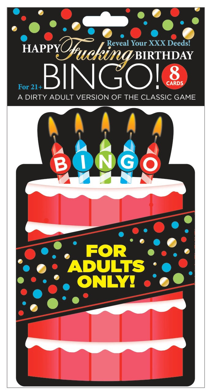 Happy Fucking Birthday Blowout Bingo Party Game packaging featuring a cake design and adult-themed bingo cards.