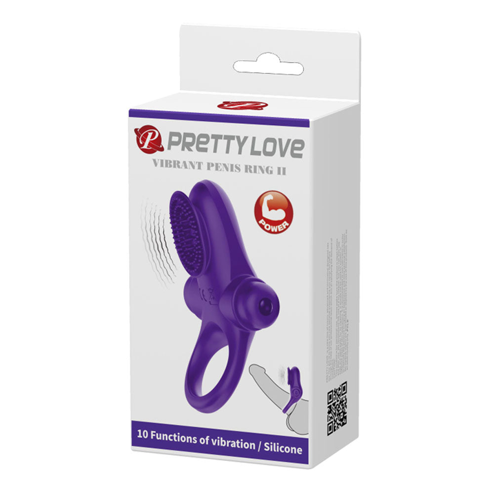 Pretty Love Vibrating Cock Ring II Purple packaging featuring 10 vibration functions and silicone design.