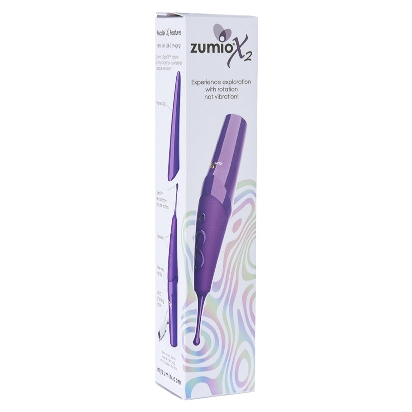 Zumio X2 Rotation Clitoral Stimulator Purple packaging showcasing innovative rotating tip for targeted stimulation.