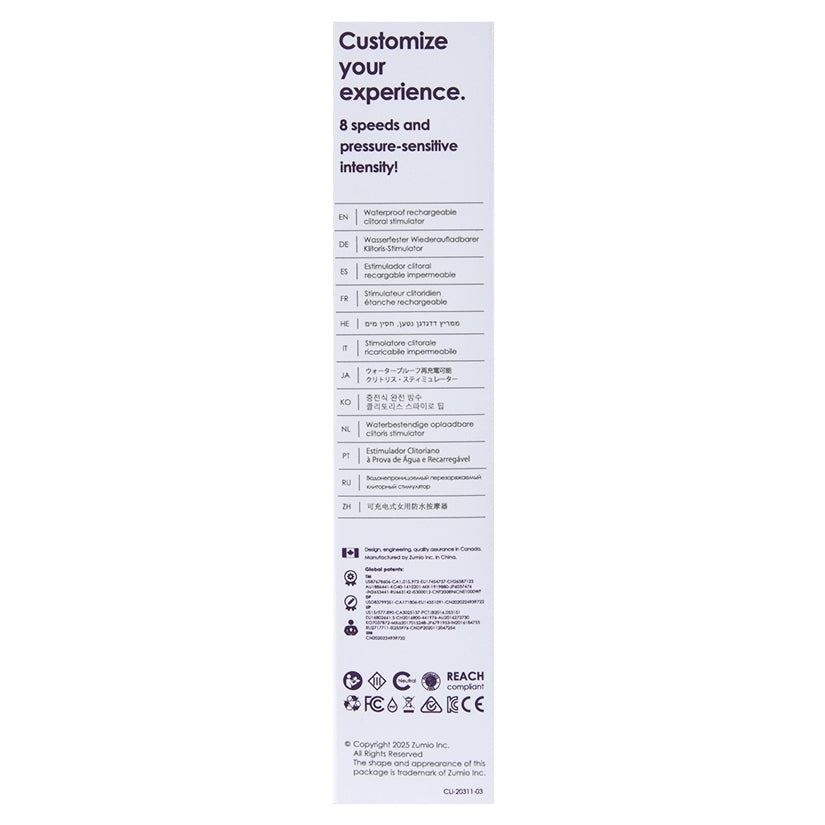 Features and instructions of Zumio X2 Rotation Clitoral Stimulator Purple, showcasing 8 speeds and pressure-sensitive intensity.