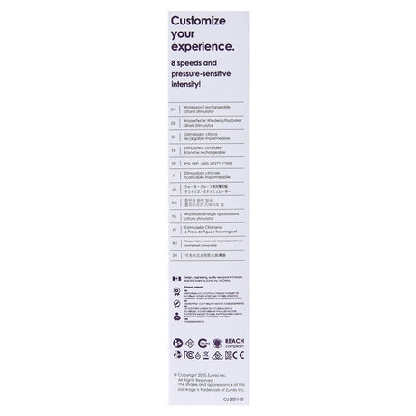 Features and instructions of Zumio X2 Rotation Clitoral Stimulator Purple, showcasing 8 speeds and pressure-sensitive intensity.