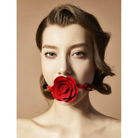 Woman wearing rose ball gag from ZALO & UPKO Doll Designer Collection Luxurious & Romantic Bondage Play Kit