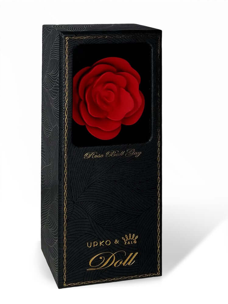 ZALO & UPKO Doll Designer Collection Rose Ball Gag in original packaging, featuring luxurious Italian leather and rose-shaped design in red.