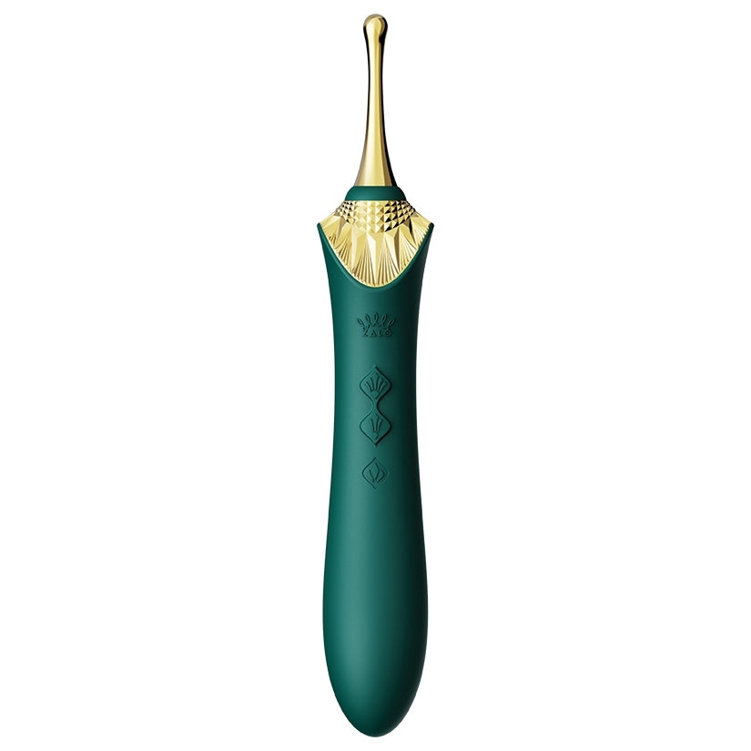 Zalo Bess 2.0 Clitoral Dual Wand Massager Green with gold accents and ergonomic design for enhanced pleasure.