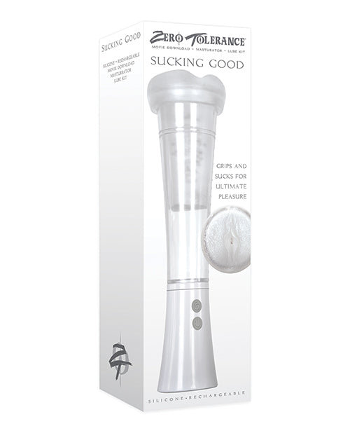 Zero Tolerance Sucking Good Vibrating Masturbator Vanilla packaging highlighting its gripping suction feature.