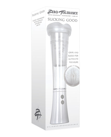 Zero Tolerance Sucking Good Vibrating Masturbator Vanilla packaging highlighting its gripping suction feature.