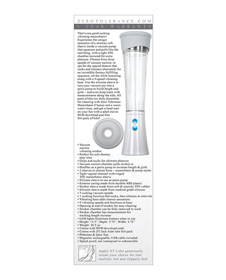 Zero Tolerance Sucking Good Vibrating Masturbator Vanilla product features and benefits list for enhanced pleasure.