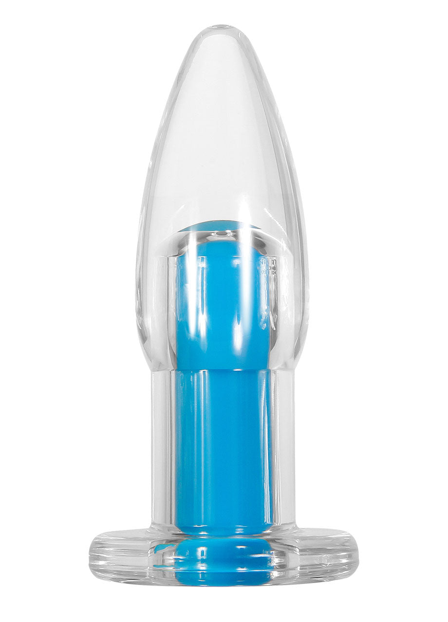 Gender X Electric Blue Anal Plug with Remote Control, tapered crystal-clear design with blue bullet.