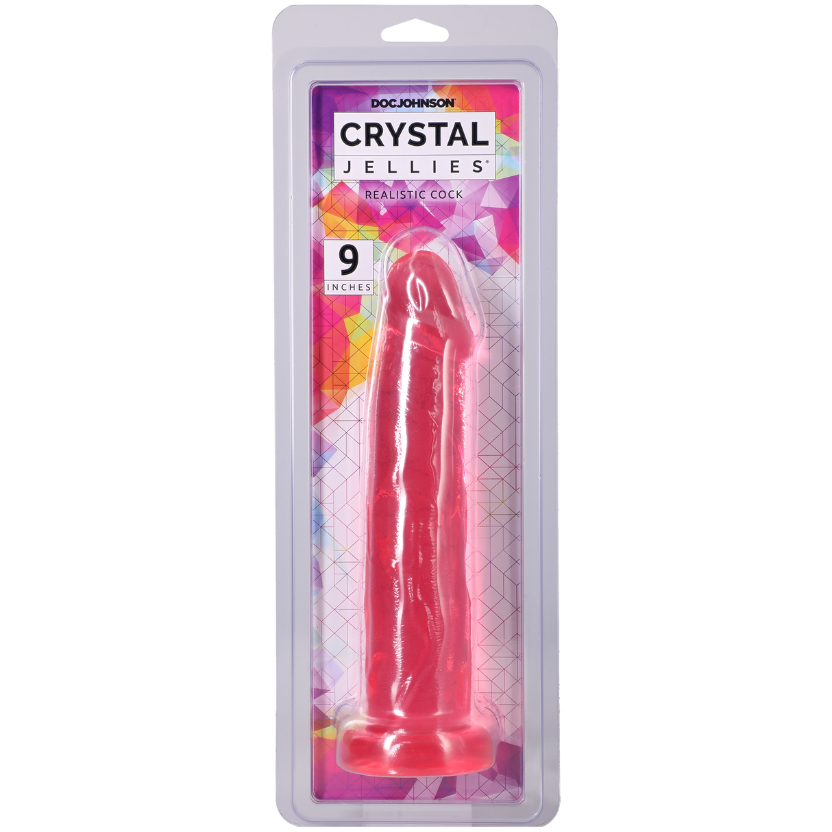 Crystal Jellies Realistic Cock 9 Inch Pink in packaging showcasing its lifelike design and vibrant color.