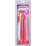 Crystal Jellies Realistic Cock 9 Inch Pink in packaging showcasing its lifelike design and vibrant color.