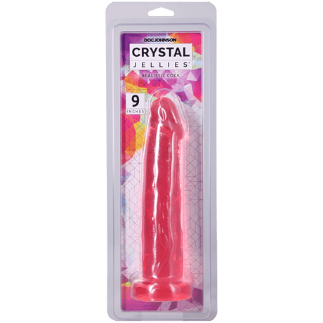 Crystal Jellies Realistic Cock 9 Inch Pink in packaging showcasing its lifelike design and vibrant color.