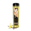 Shunga Massage Oils Desire Vanilla 8 Oz bottle with vanilla flower, offering silky-smooth massage experience.