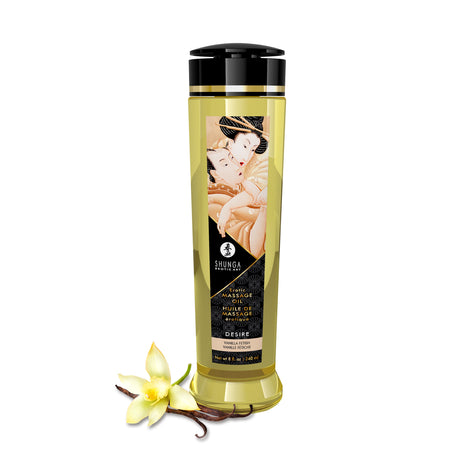 Shunga Massage Oils Desire Vanilla 8 Oz bottle with vanilla flower, offering silky-smooth massage experience.