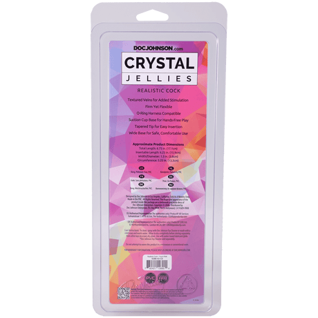 Crystal Jellies Realistic Cock 7 Inches Pink packaging with product details and features listed.