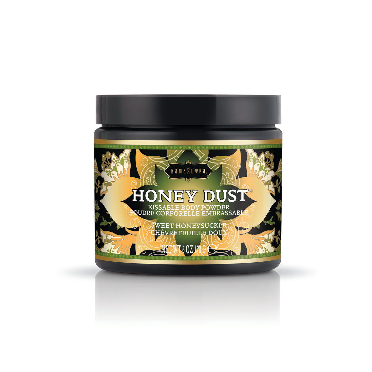 Kama Sutra Honey Dust Sweet Honeysuckle 6 Oz jar of kissable body powder with honeysuckle fragrance.
