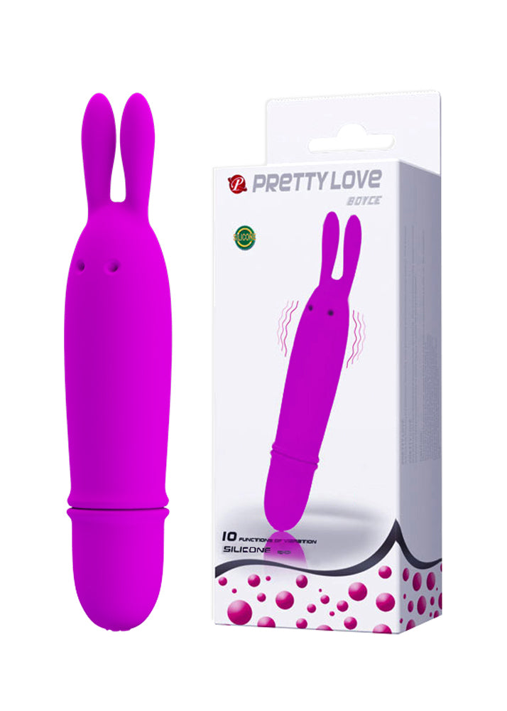 Pretty Love Boyce Silicone Bunny Vibrator Purple with packaging, showcasing its compact design and premium silicone.