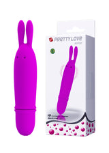 Pretty Love Boyce Silicone Bunny Vibrator Purple with packaging, showcasing its compact design and premium silicone.