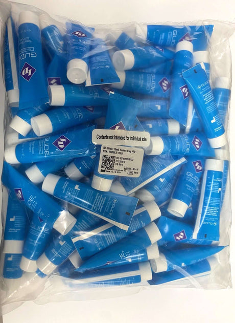 ID Glide Water-Based Lubricant 12 ml Tubes - Bag of 72 with blue packaging, ideal for personal and professional use.