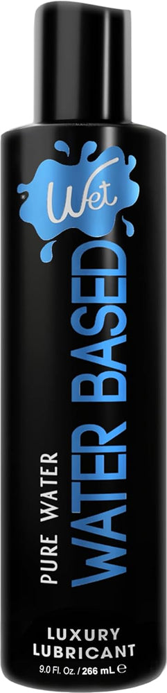 Wet Original Water Based Lubricant 9 Oz bottle with blue text on a black background, featuring pure water concept.