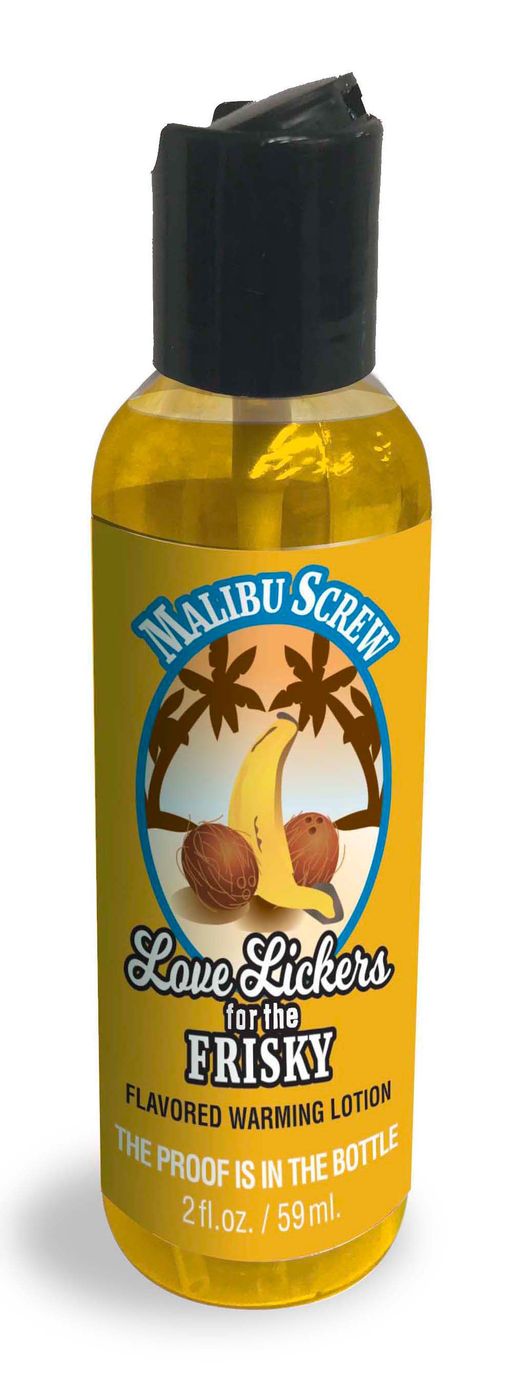 Love Lickers Malibu Screw Warming Massage Oil 1.76 Oz flavored warming lotion in a bottle with tropical design.