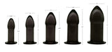 Master Series 5 Piece Anal Trainer Set Black displayed with size dimensions for each plug.