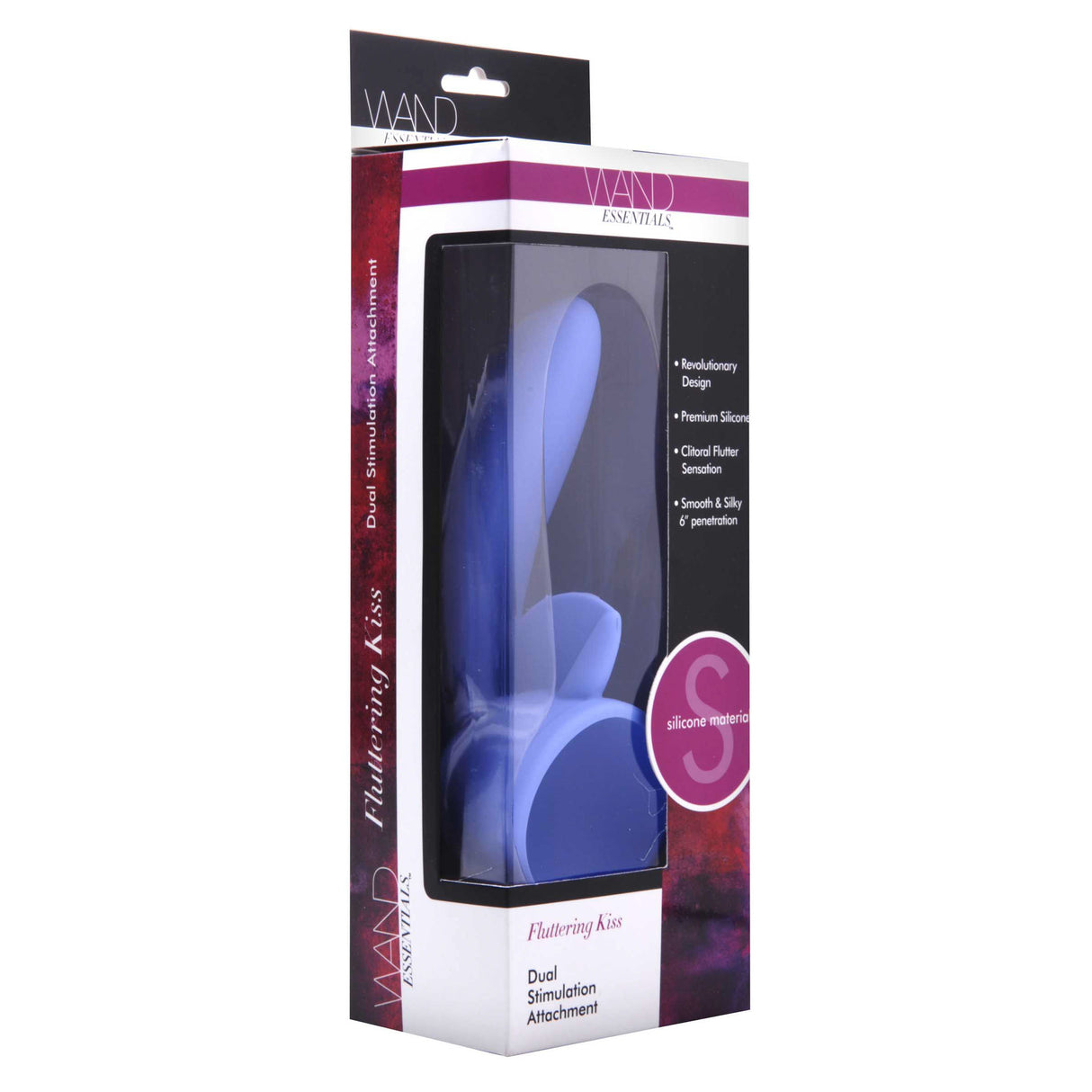 Fluttering Kiss Dual Stimulation Silicone Wand Attachment in stylish packaging showcasing its features and design.