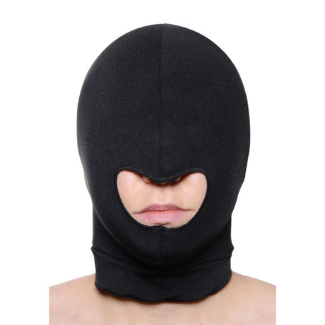 Blow Hole Open Mouth Spandex Hood worn, showcasing its designed sensory play feature and black stretchy material.