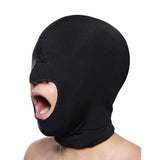Blow Hole Open Mouth Spandex Hood on a person, designed for sensory-play and roleplay.