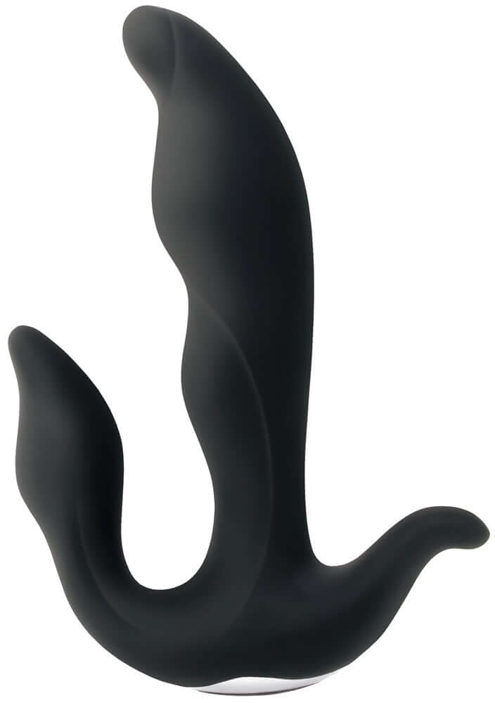 Adam & Eve 3 Point Prostate Massager in black silicone, ergonomic design, waterproof, 10 speed functions, rechargeable.