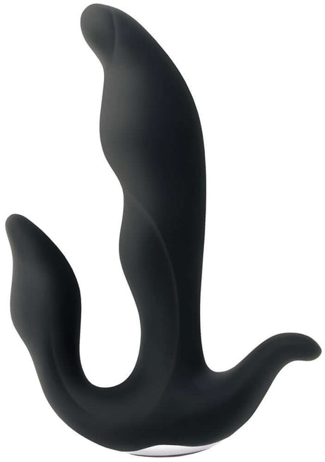 Adam & Eve 3 Point Prostate Massager in black silicone, ergonomic design, waterproof, 10 speed functions, rechargeable.