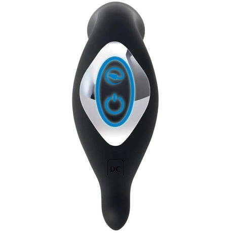 Adam & Eve 3 Point Prostate Massager showing ergonomic design and illuminated on/off button, made from body-safe silicone.