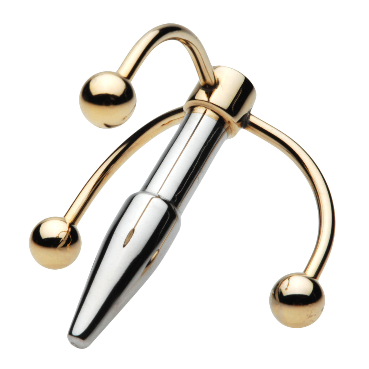 Master Series Golden Claw Head Urethral Plug with polished steel and gold accents for urethral play.
