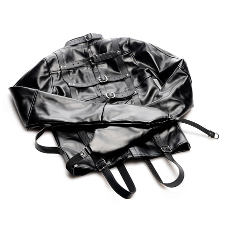 STRICT Straight Jacket Medium Faux Leather Black displayed on a white background with detailed straps and buckles.