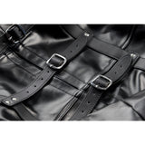Close-up of STRICT Straight Jacket Medium Faux Leather Black with buckles and straps for restraint.