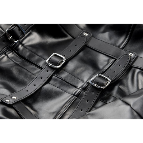 Close-up of STRICT Straight Jacket Medium Faux Leather Black with buckles and straps for restraint.