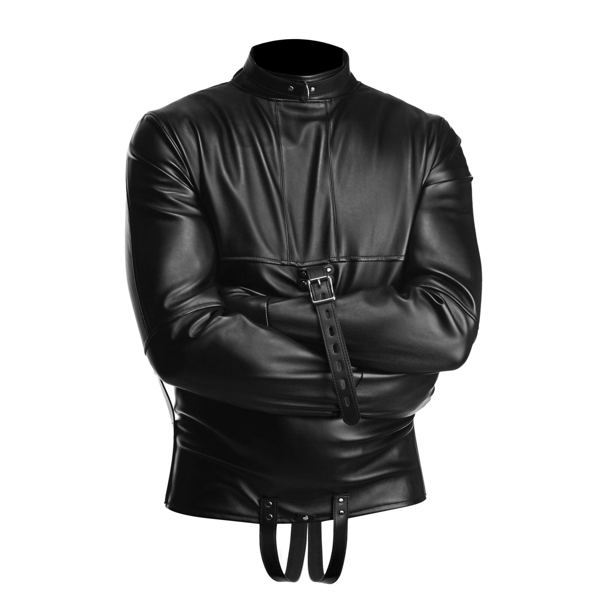 STRICT Straight Jacket Medium Faux Leather Black in black, featuring heavy-duty sleeves and secure buckles for restraint.