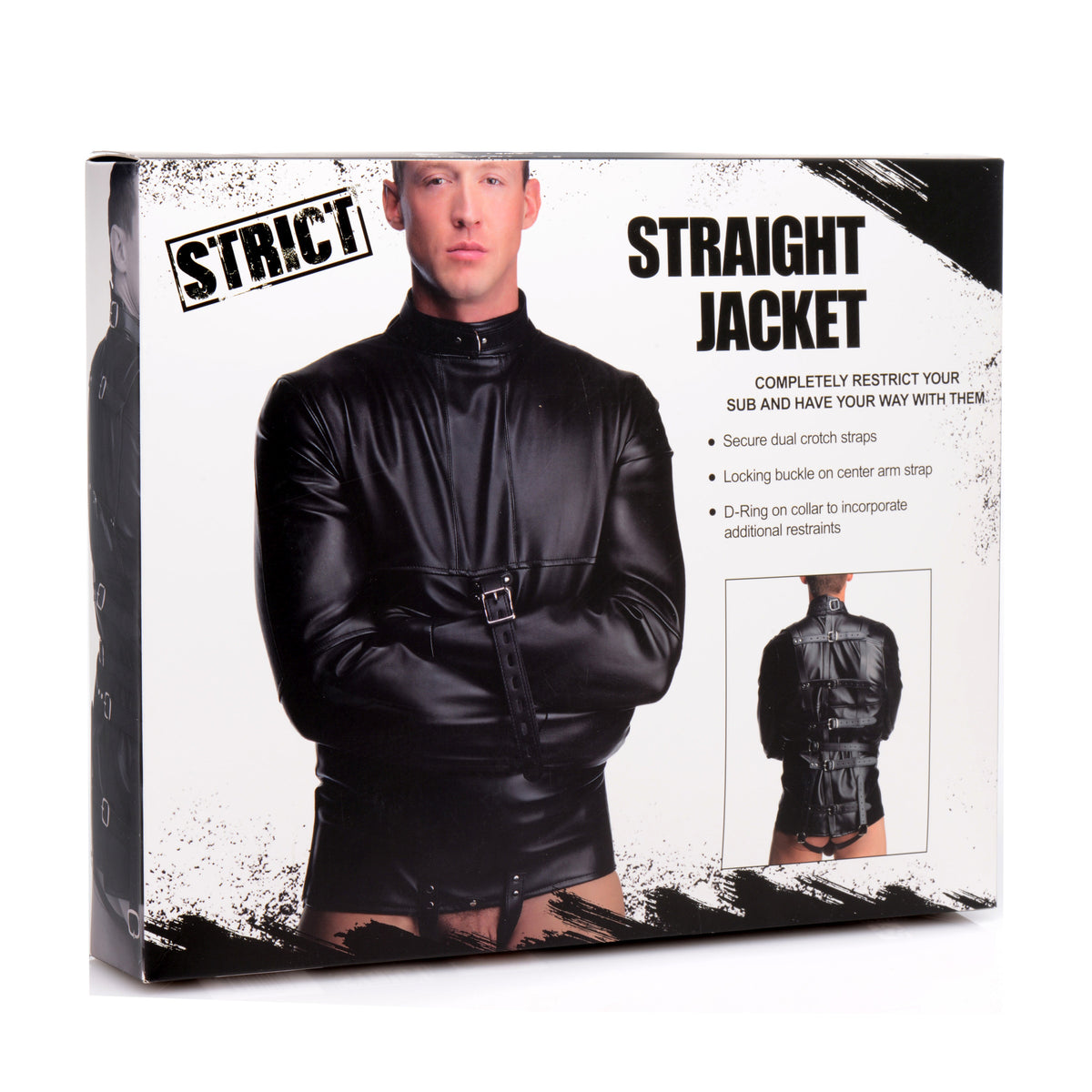 STRICT Straight Jacket Medium Faux Leather Black packaging with model wearing the jacket, emphasizing restraint features.
