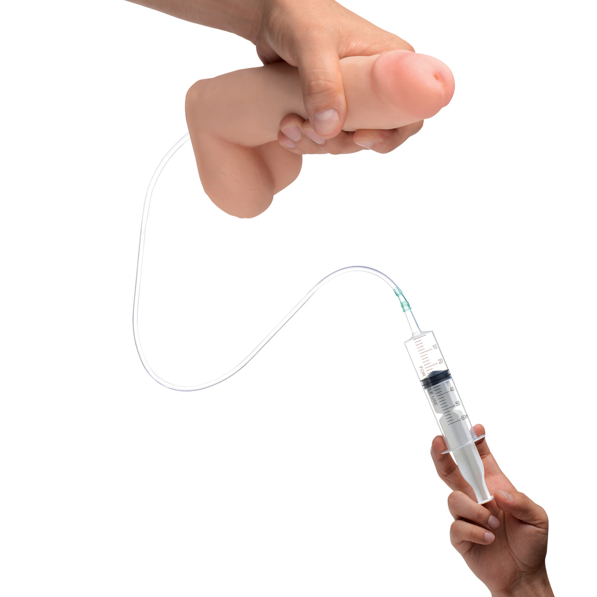 8 Inch Realistic Dual Density Squirting Dildo held with a syringe for added realism and pleasure.