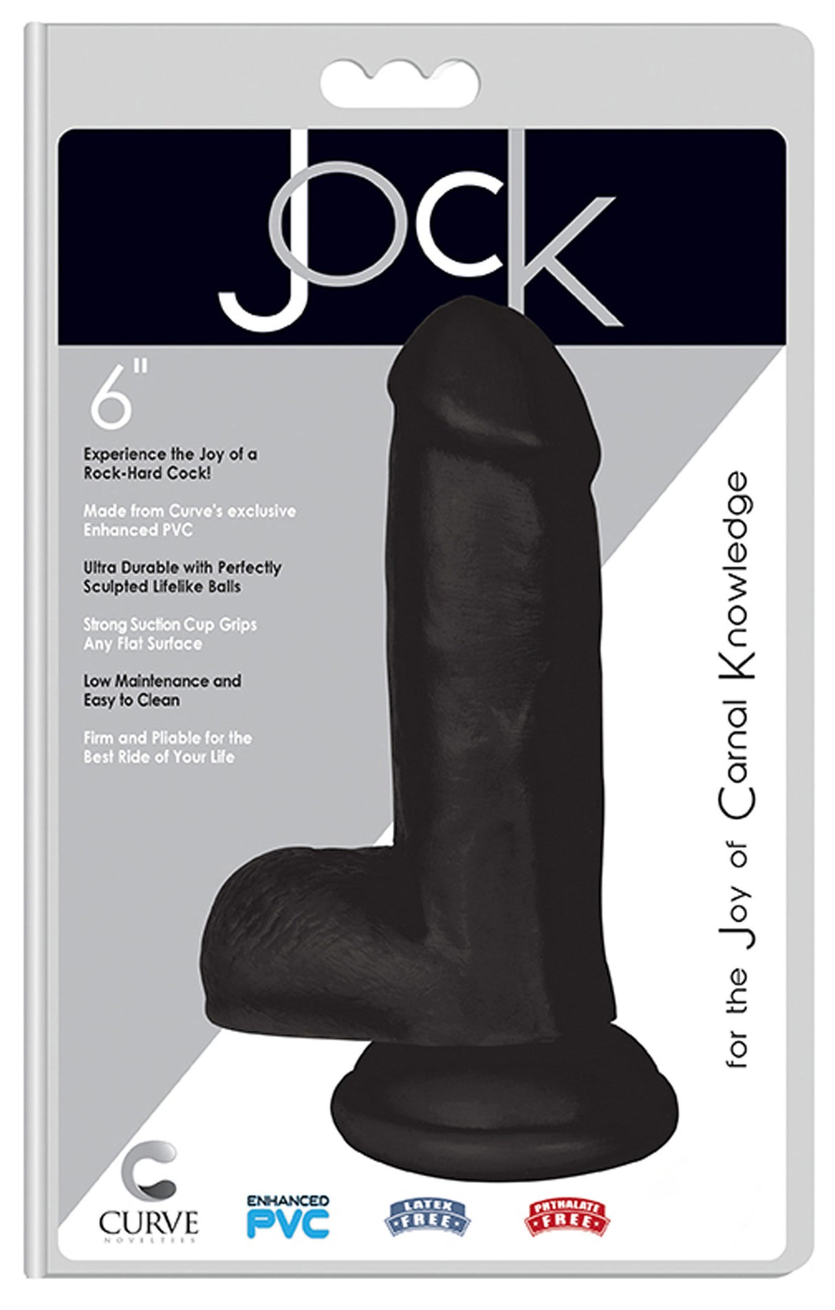 JOCK 6 Inch Dong with Balls Black product packaging showing realistic dildo design and features.