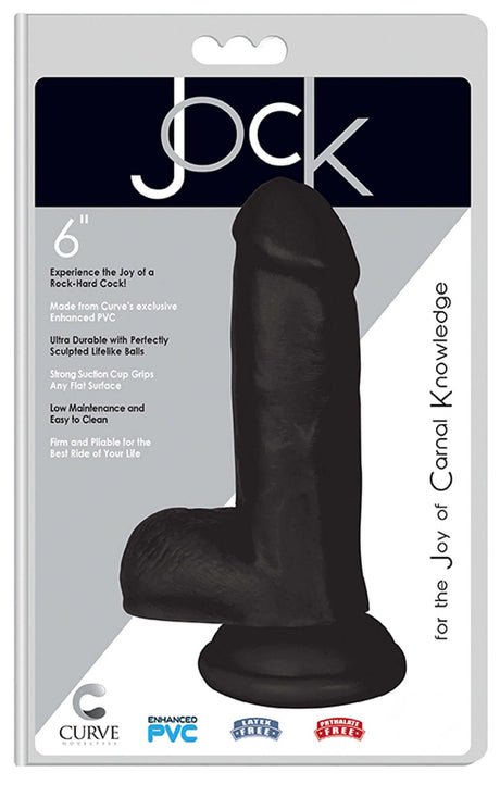 JOCK 6 Inch Dong with Balls Black product packaging showing realistic dildo design and features.