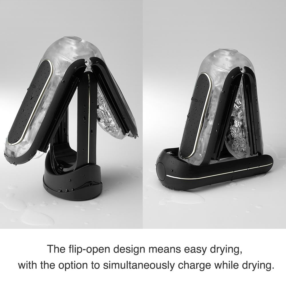 TENGA Flip Zero Electronic Vibration Stroker Black showcasing the flip-open design for easy drying and charging.