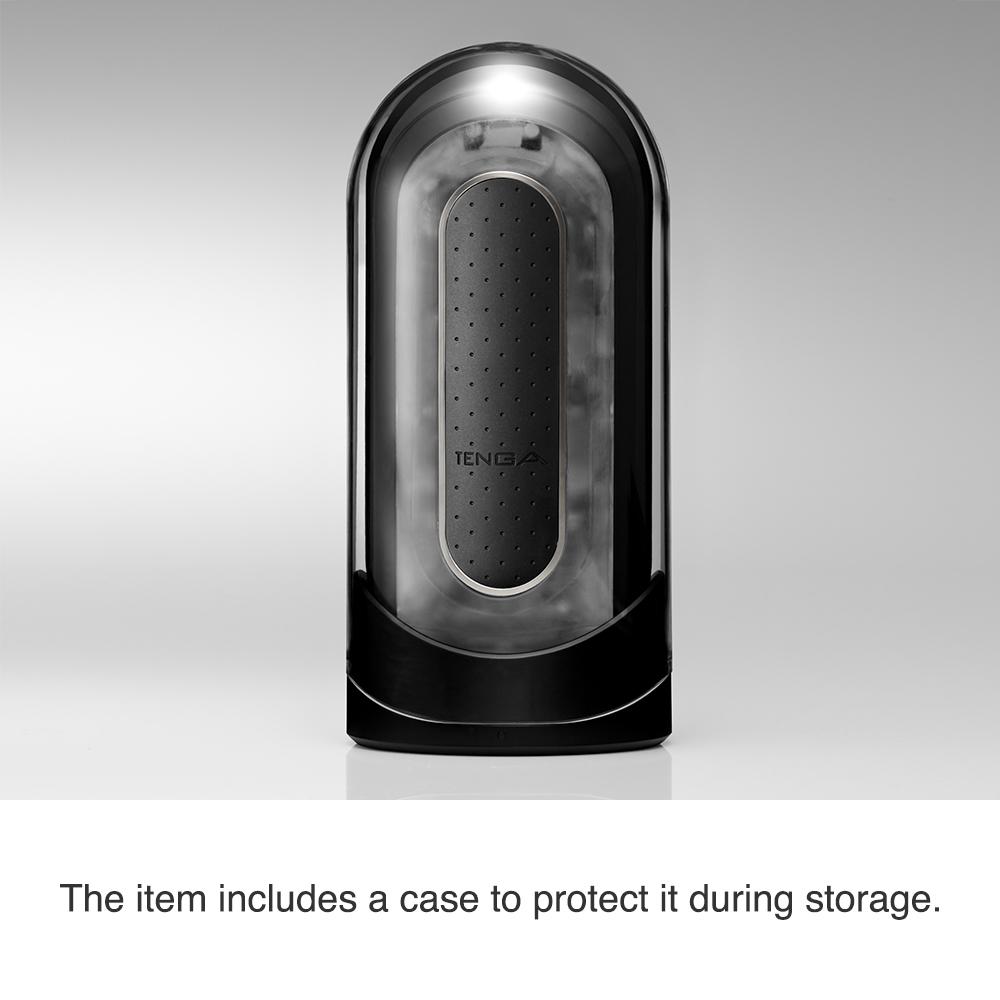 TENGA Flip Zero Electronic Vibration Stroker Black with protective case for storage.
